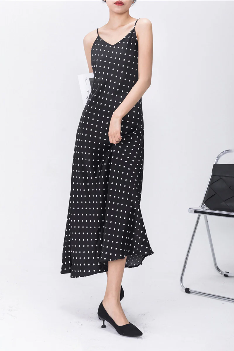Polka-Dot V-Neck Midi Slip Dress in Triacetate-Blend - HBQMJX