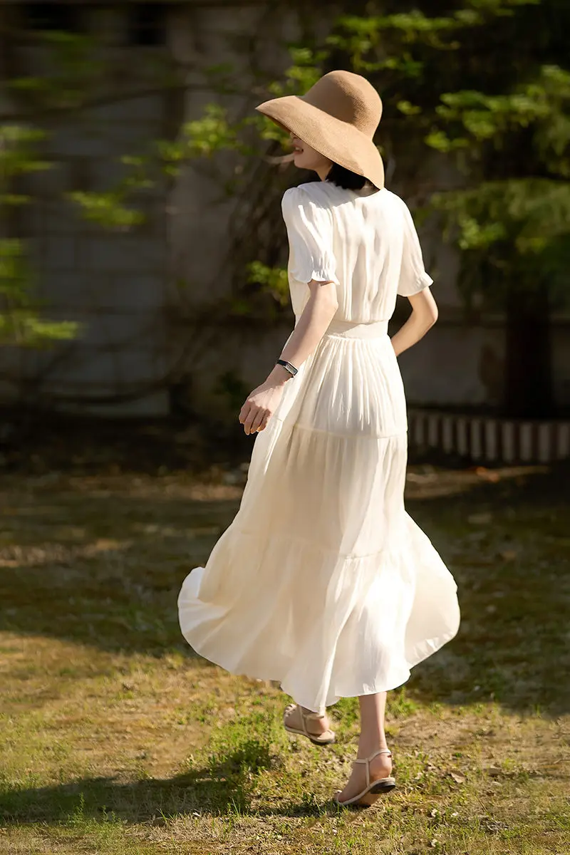 White Silky Tiered Puff-Sleeve Maxi Dress - HBQMJX