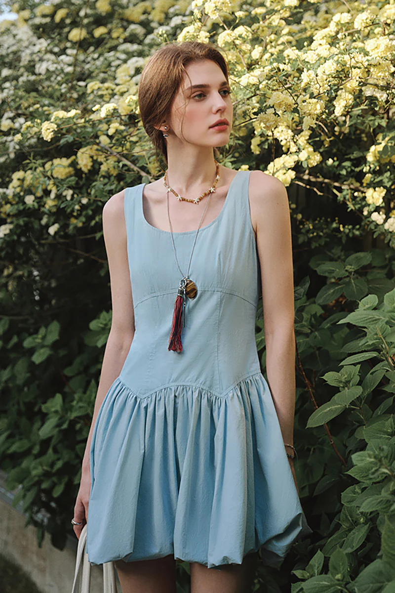 Baby Blue 100 Cotton Sleeveless Scoop-Neck Bubble Mini Dress - HBQMJX