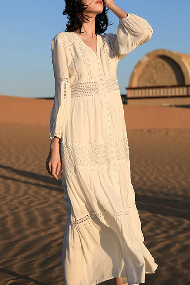 Tiered A-Line Long-Sleeve V-Neck Broderie Midi Dress with Front Buttons - HBQMJX