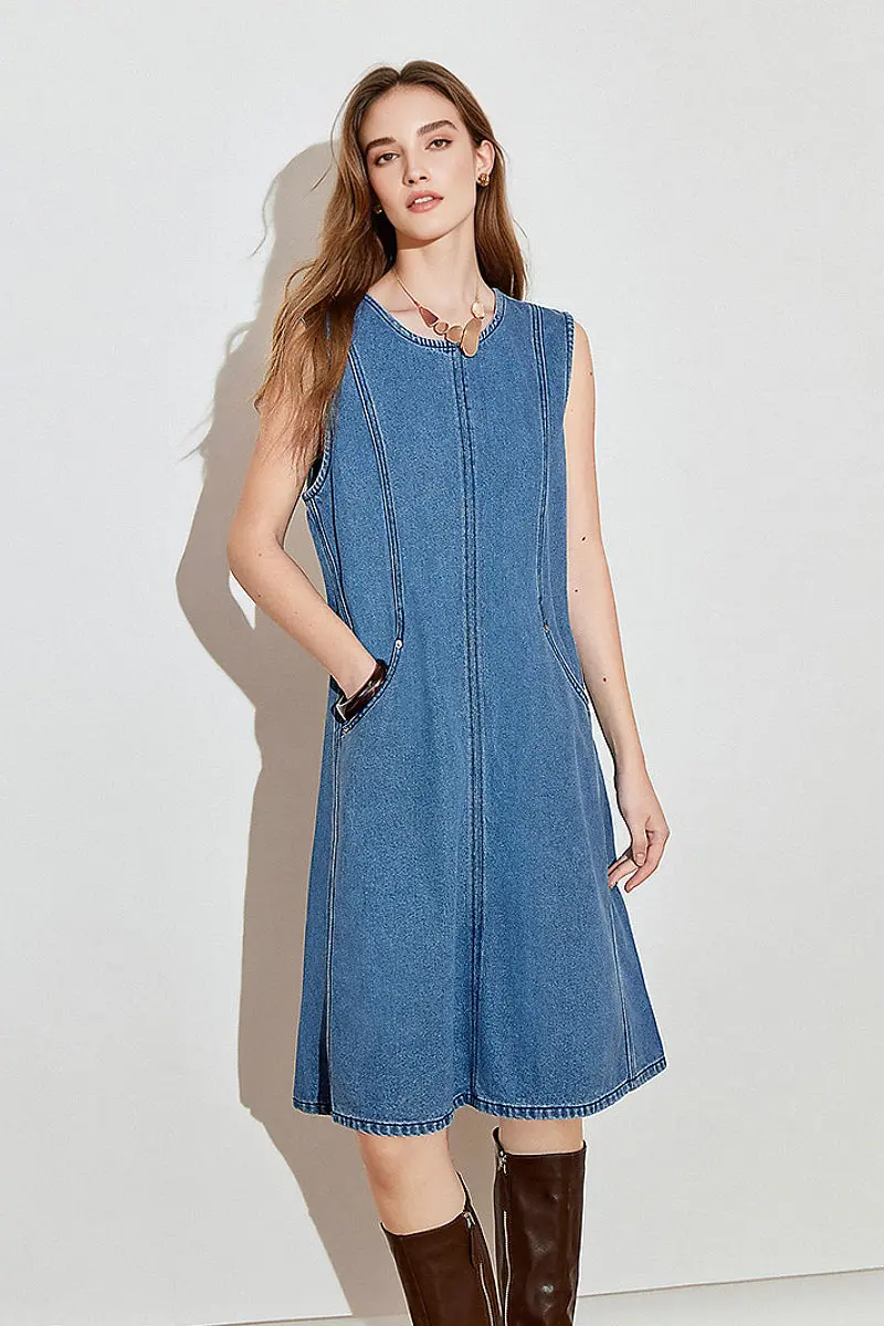 Denim Sleeveless Shift Midi Dress with Pockets - HBQMJX