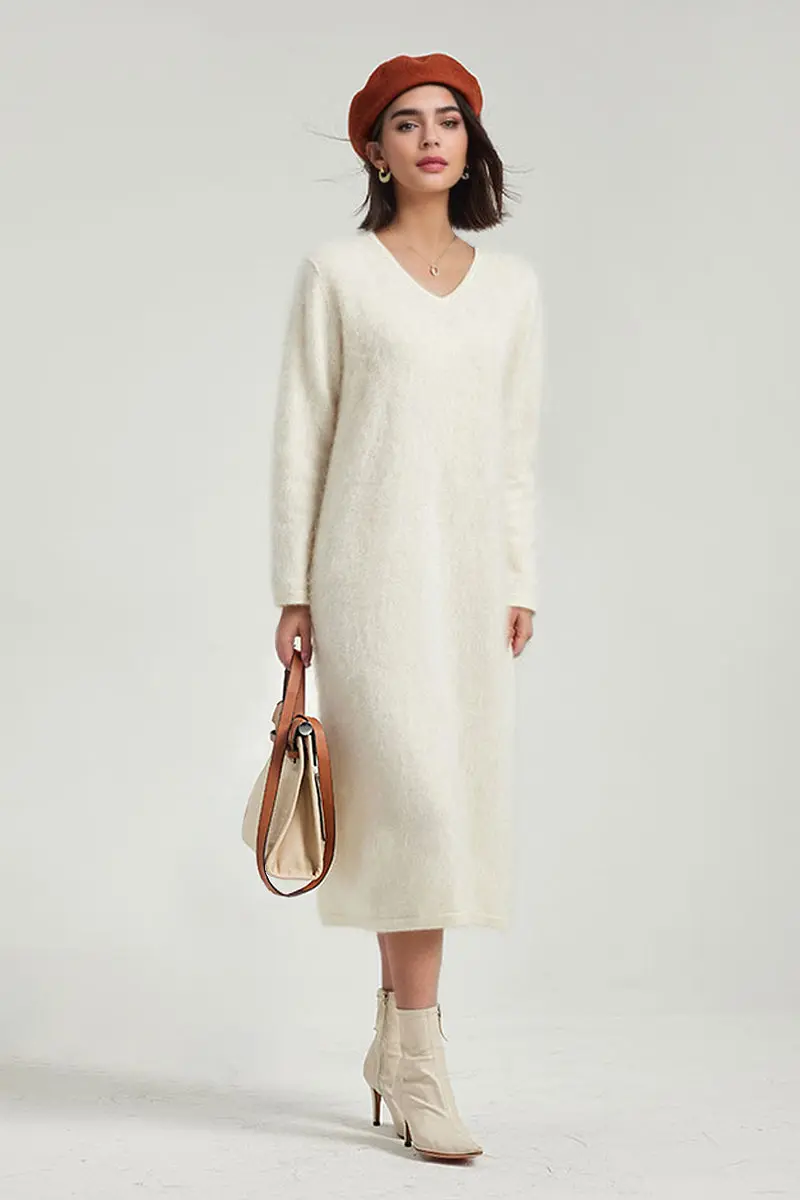 Classic Brushed Cashmere V-Neck Long Sleeve Sweater Dress - HBQMJX