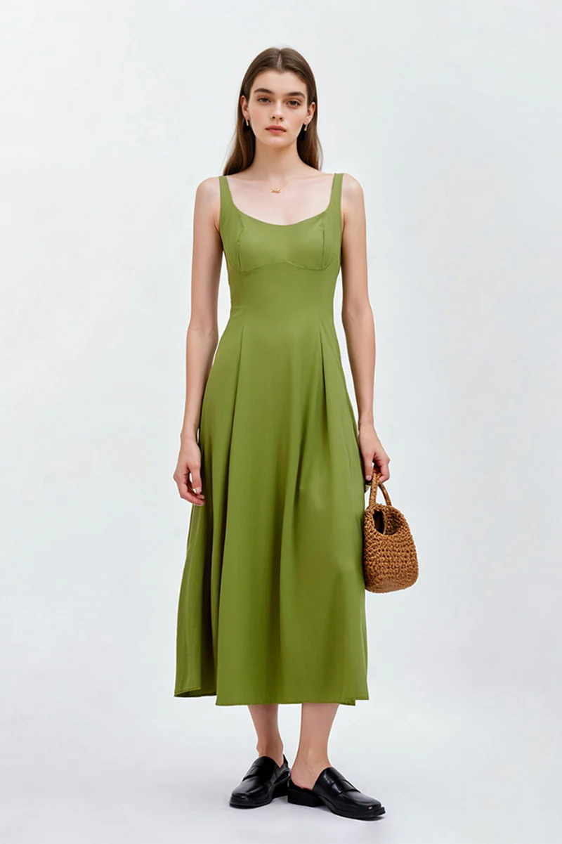 Olive Green Sleeveless Fit & Flare Midi Dress - HBQMJX