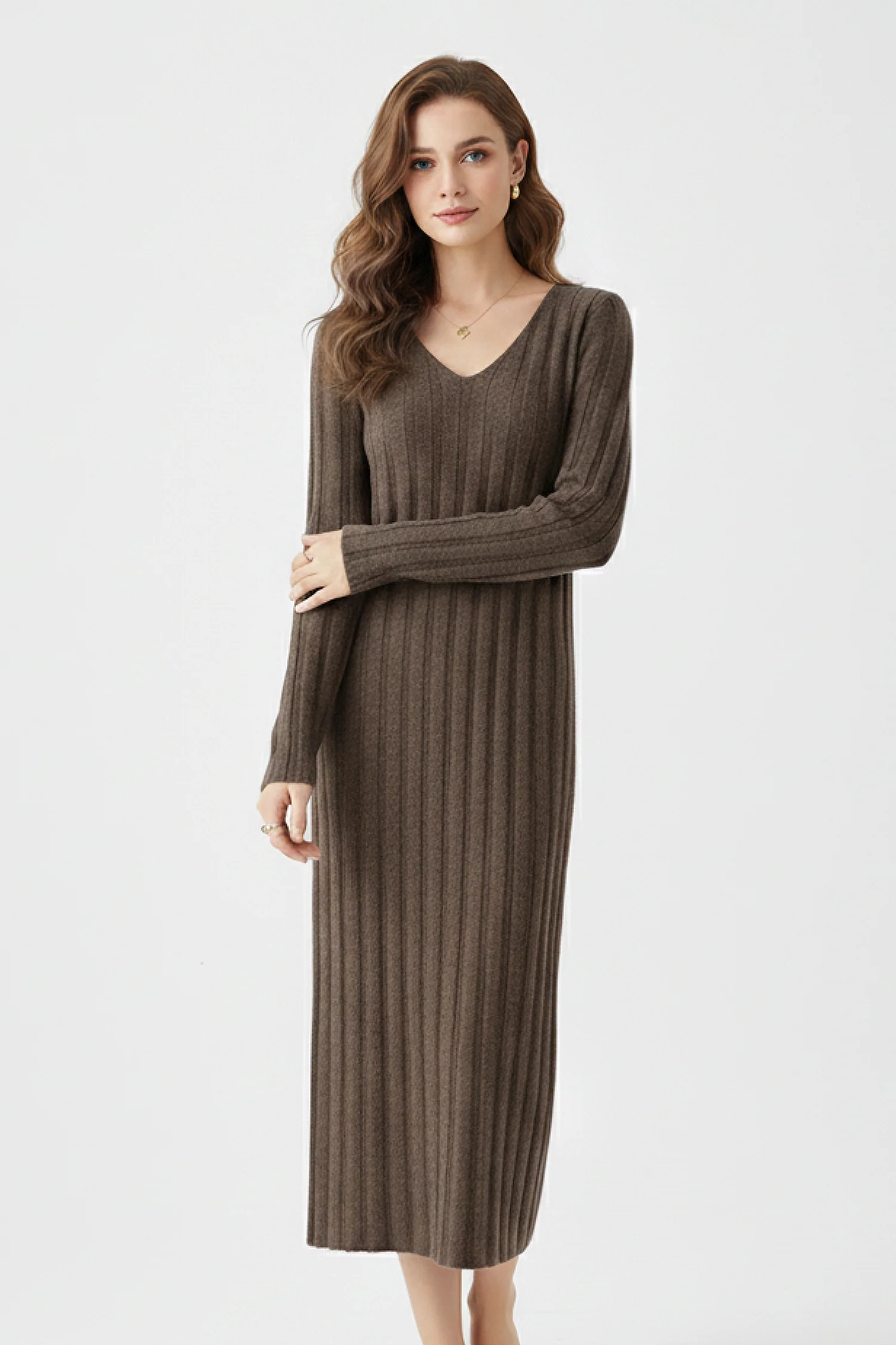 100% Merino Wool Long Sleeve Wide-Rib Midi Sweater Dress - HBQMJX