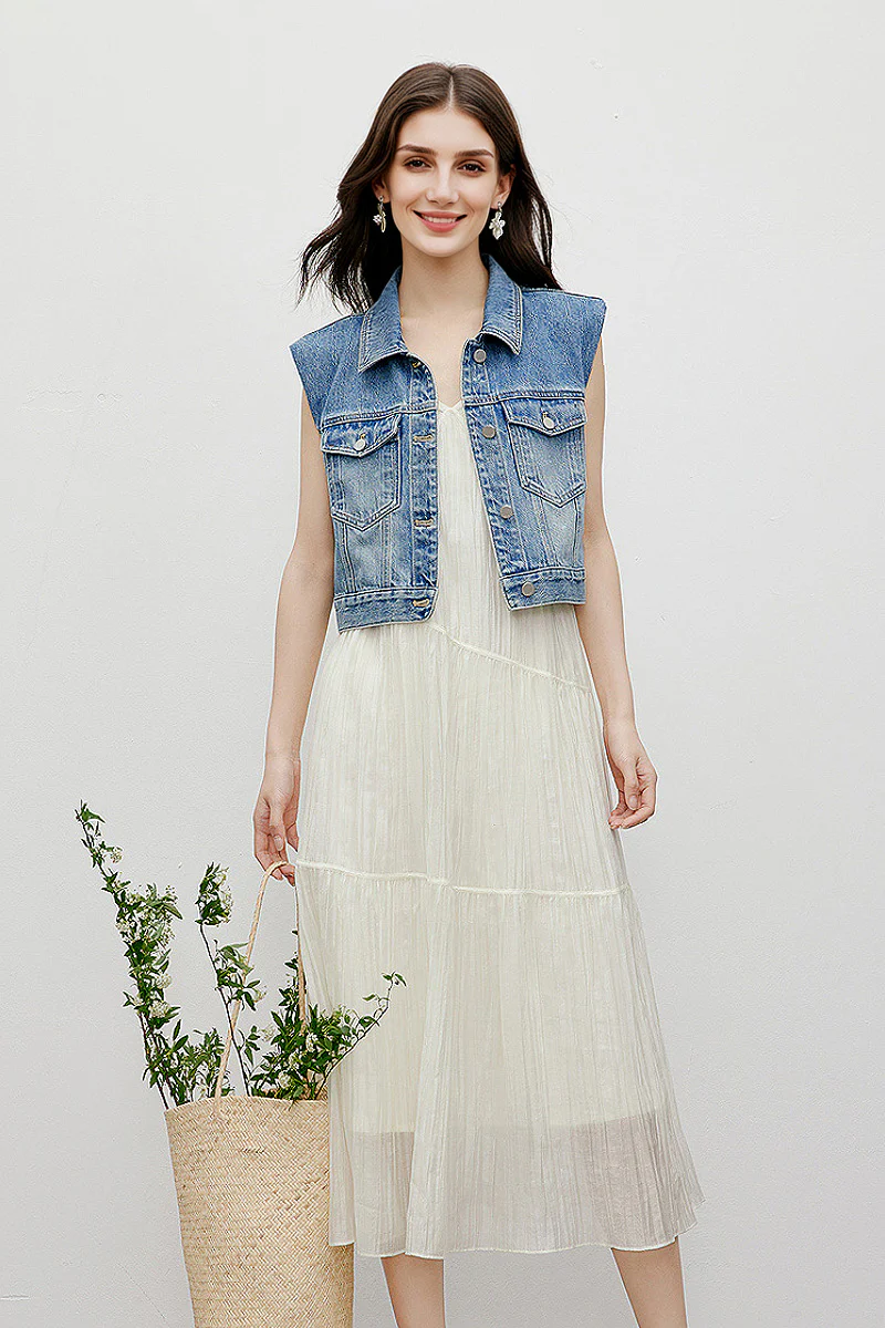 White V-Neck Spaghetti-Strap Textured Midi Dress - HBQMJX