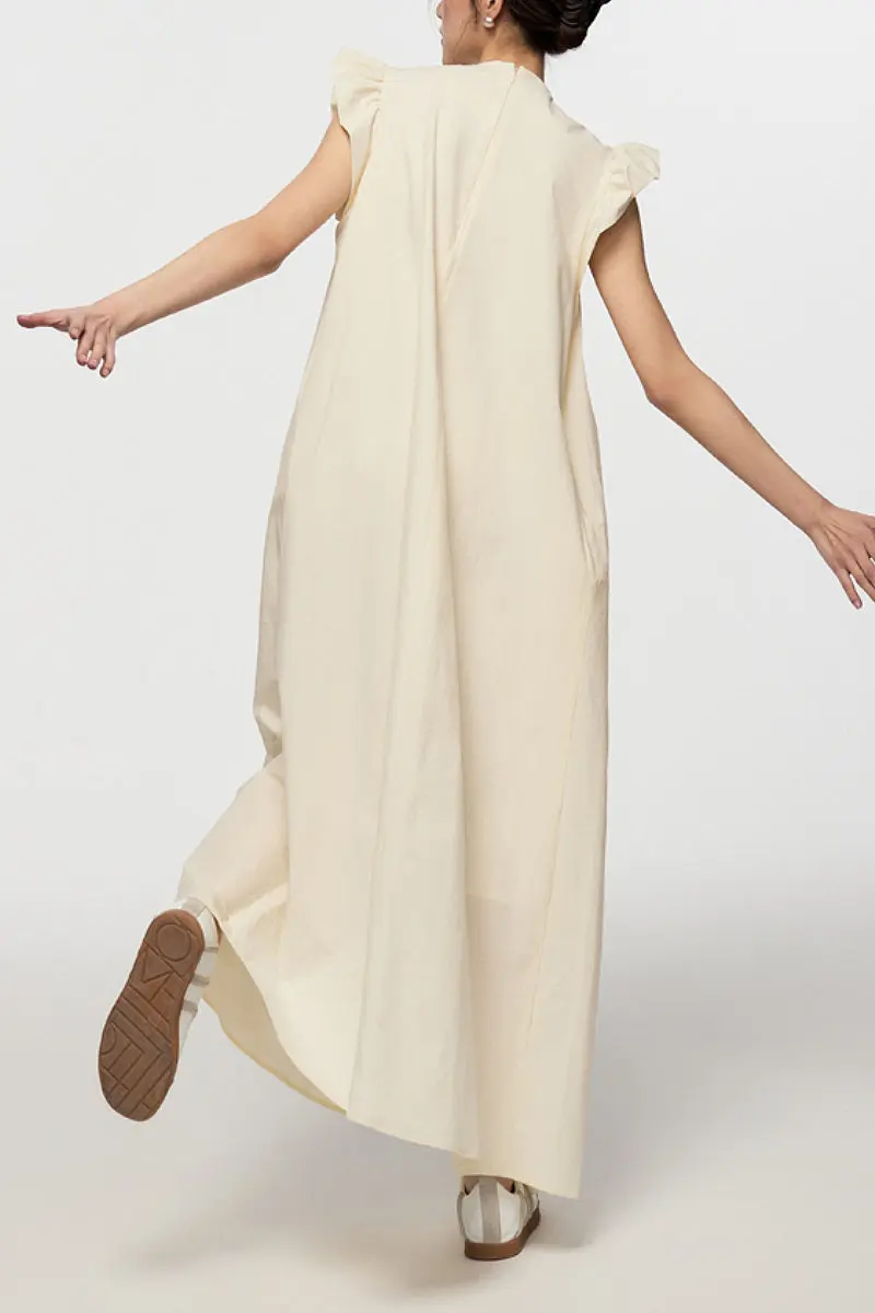 White Ruffle Cap-Sleeve Trapeze Maxi Dress - HBQMJX