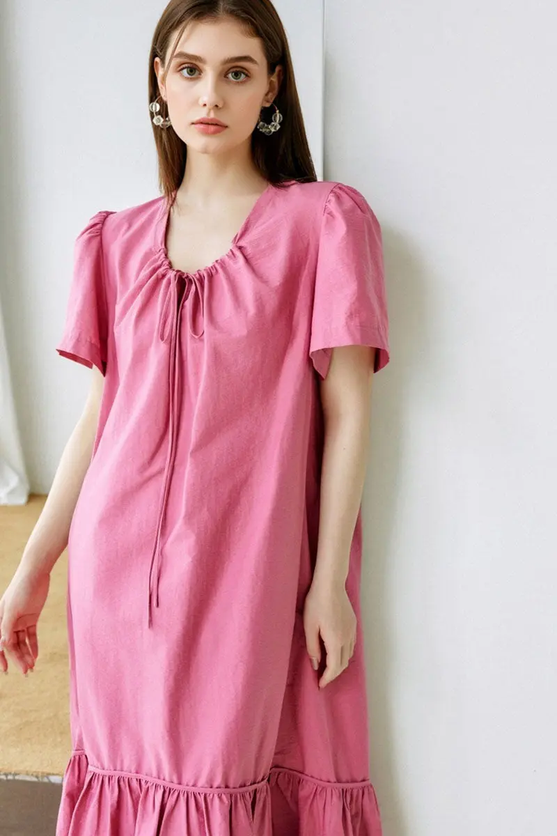 Pink Tiered Trapeze Tie-Neck Midi Dress - HBQMJX