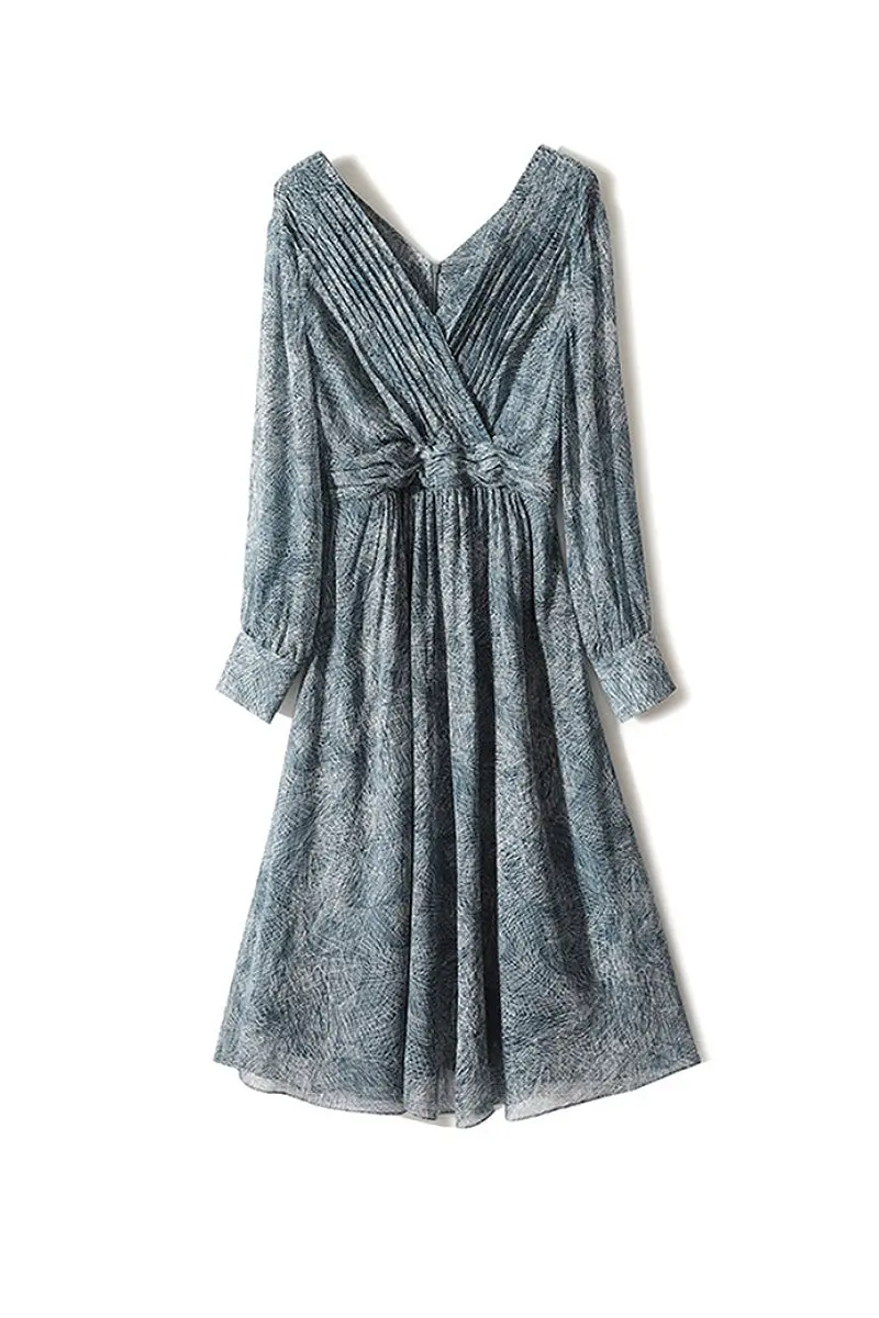 100 Mulberry Silk Blue Long-Sleeve Hand Pleated Midi Dress - HBQMJX