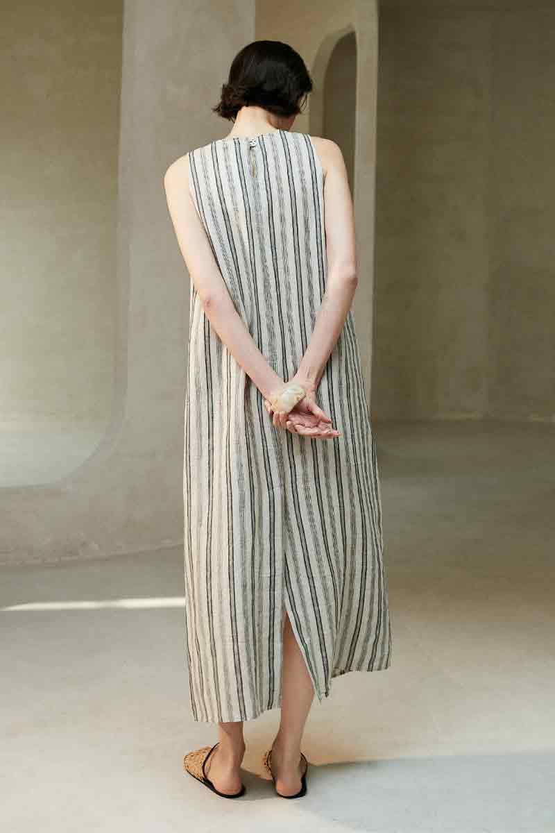 100 French Linen Striped Sleeveless Maxi Dress - HBQMJX