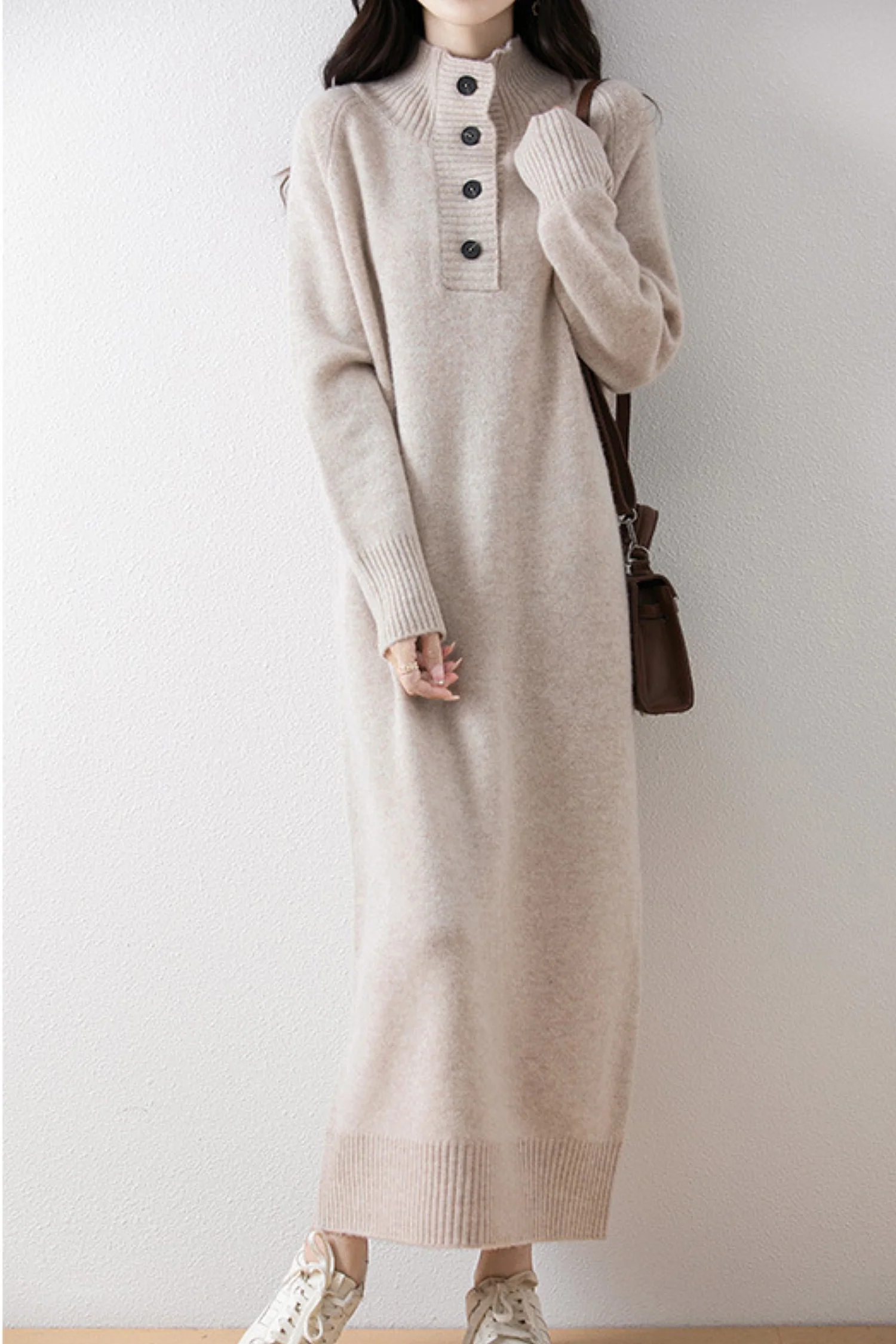 Chunky Wool Long Sleeve Turtleneck Maxi Sweater Dress - HBQMJX