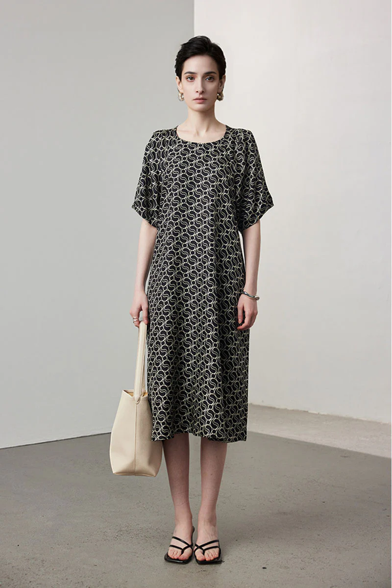 100 Mulberry Silk Chain Print Puff-Sleeve Belted Midi Dress with Pockets - HBQMJX