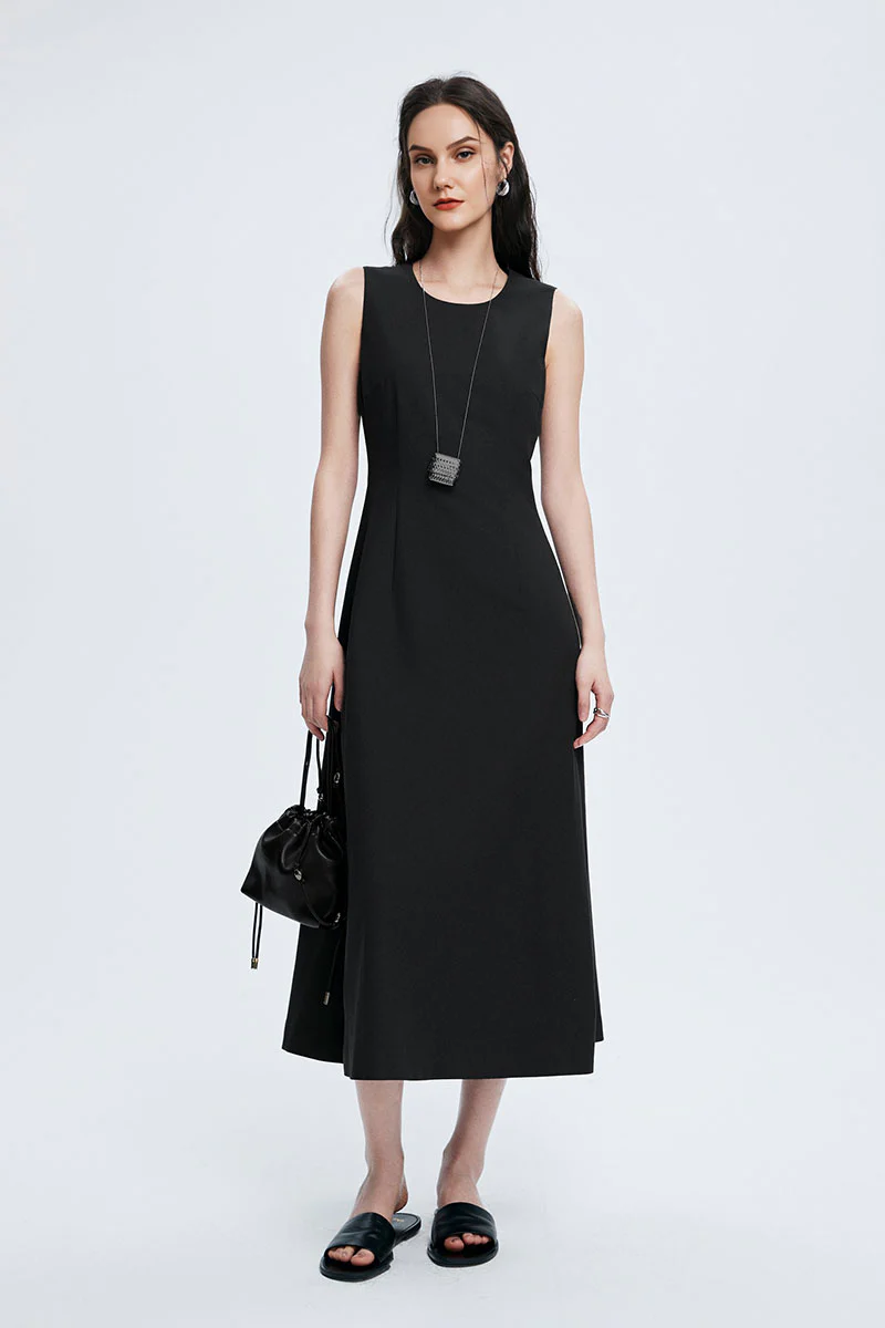 Black Crew-Neck A-Line Tank Midi Dress - HBQMJX
