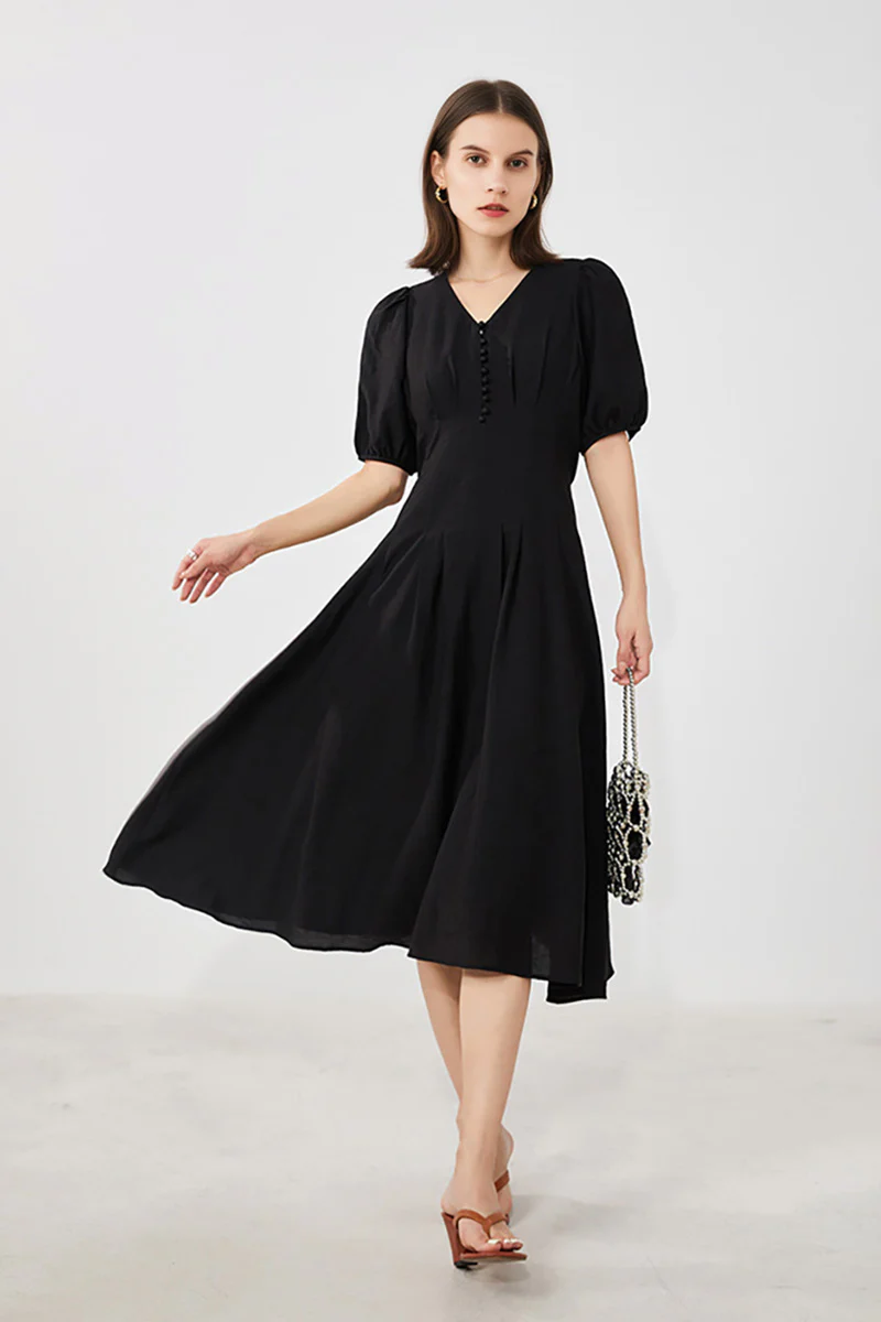 Black V-Neck A-Line Midi Dress - HBQMJX