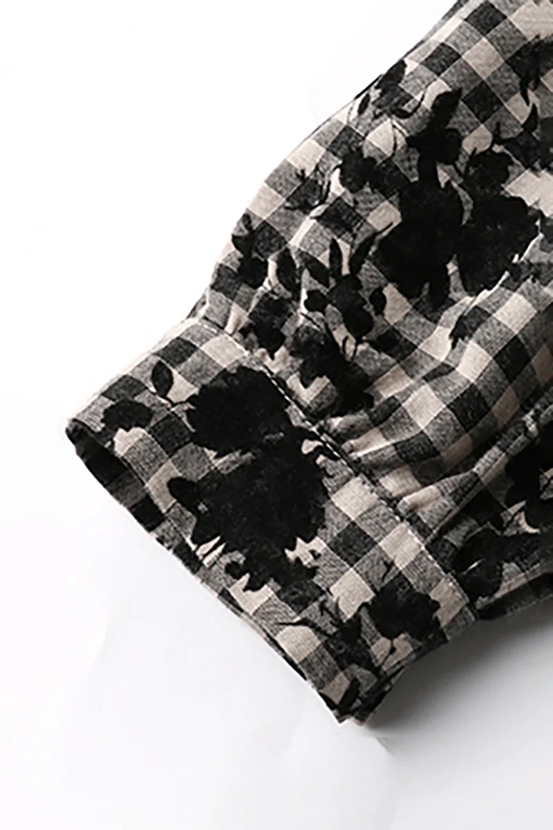 Tiered Long-Sleeve Button-Down A-Line Gingham Midi Dress - HBQMJX