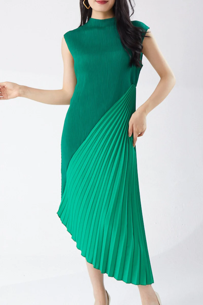 Designer Inspired Pleated Asymmetrical Sleeveless Midi Dress - HBQMJX