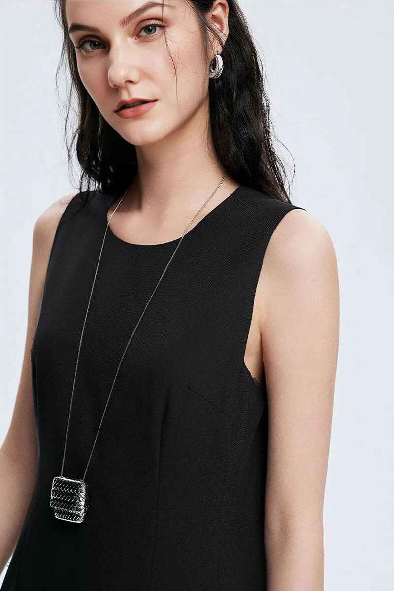 Black Crew-Neck A-Line Tank Midi Dress - HBQMJX