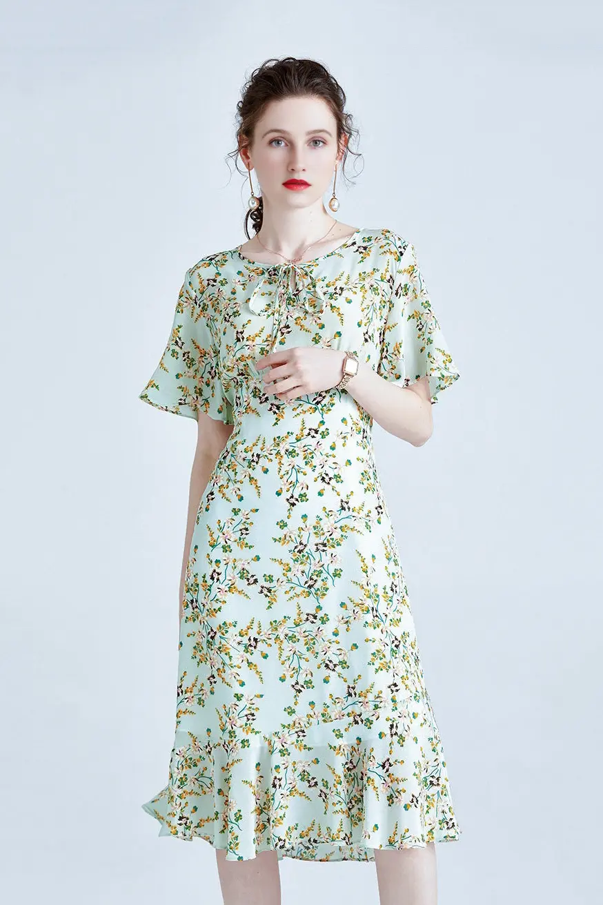100 Mulberry Silk Short Sleeve Floral Midi Dress - HBQMJX