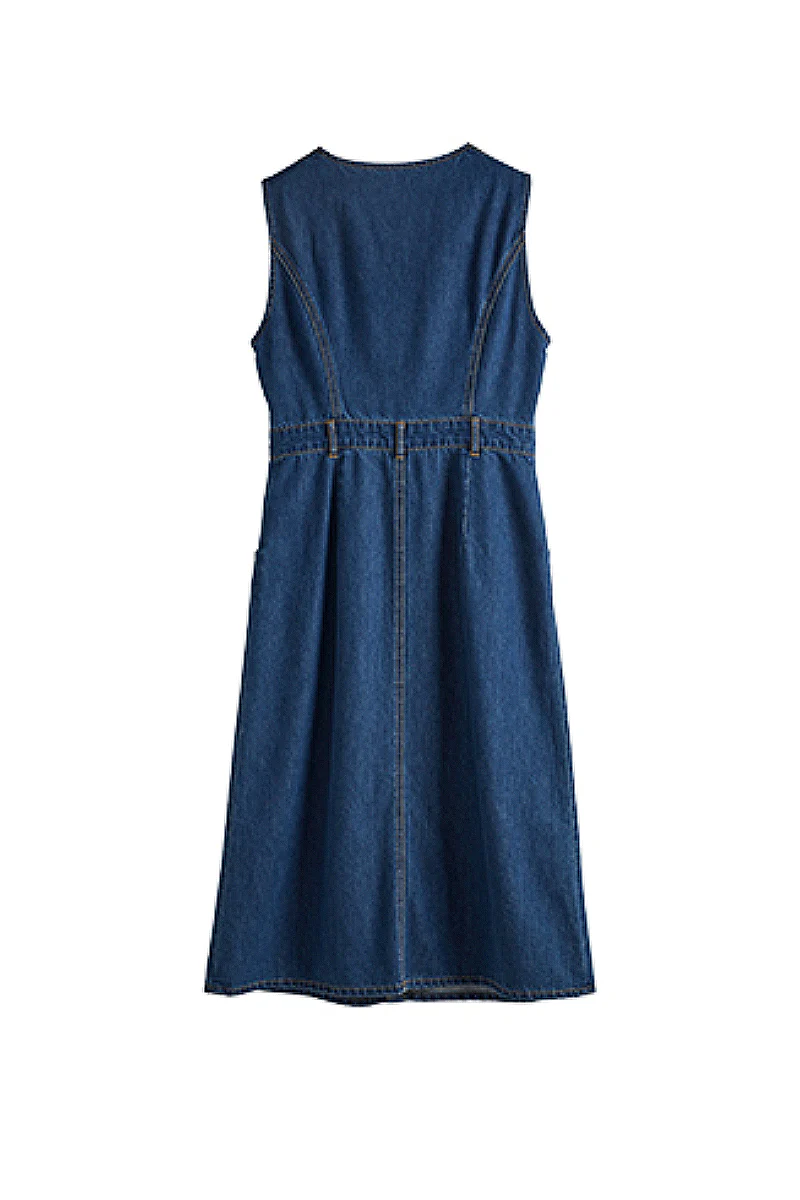 Denim Sleeveless A-Line Midi Shirt Dress - JIEEQQ