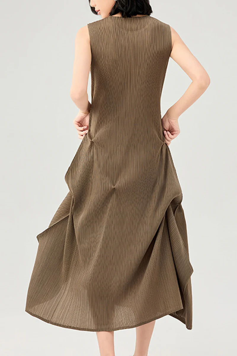 Designer Inspired Pleated Asymmetrical Midi Dress - HBQMJX