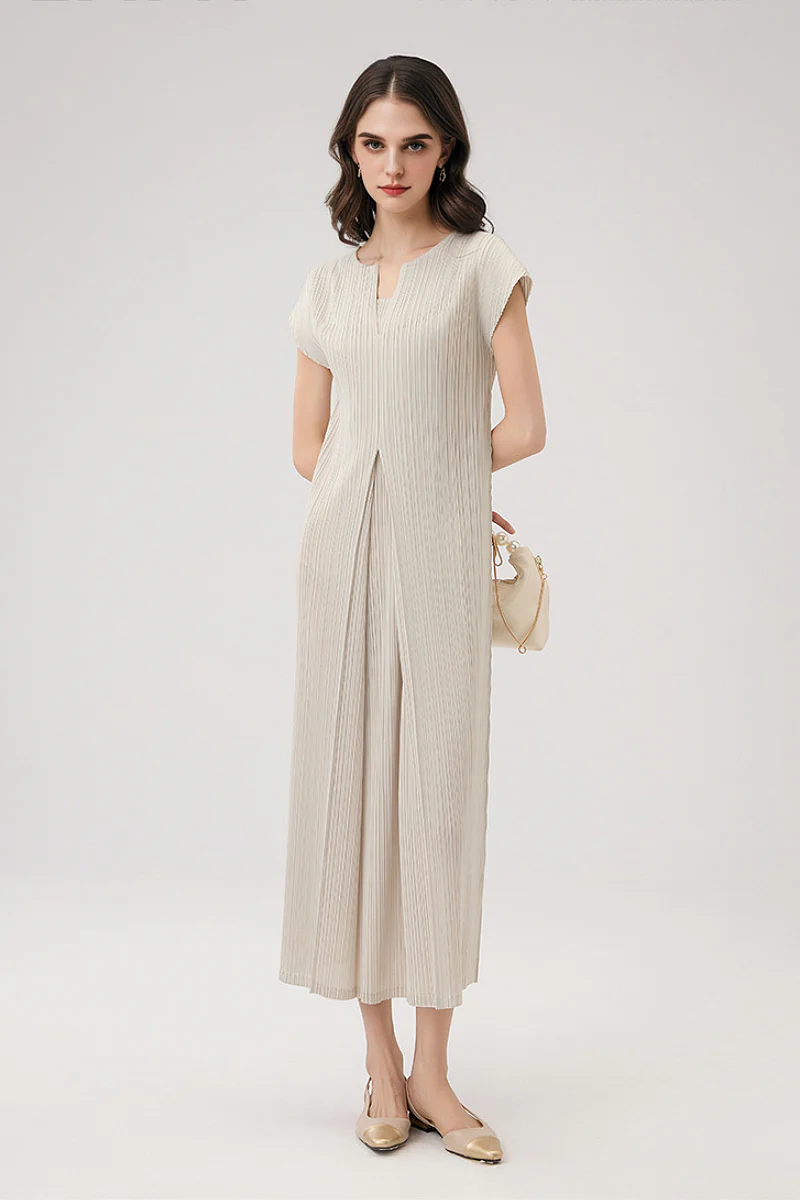 Designer Inspired Pleated Cap-Sleeve Midi Dress - HBQMJX