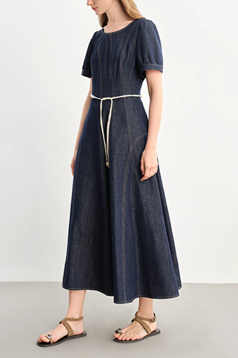 Denim Short-Sleeve A-Line Midi Dress - HBQMJX