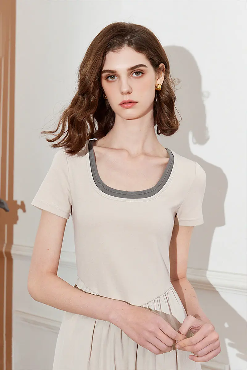 Cotton Short-Sleeve Mixed-Media Fit & Flare Midi Dress - HBQMJX