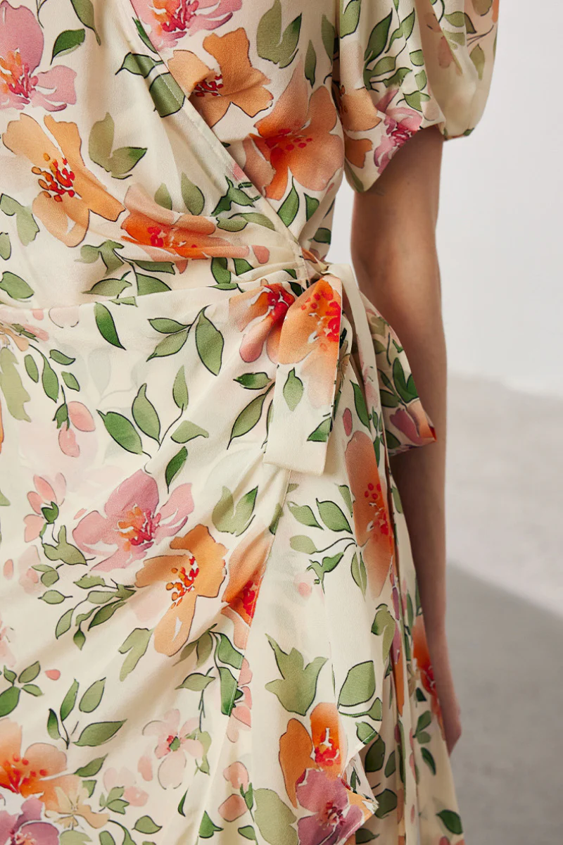 100 Mulberry Silk Floral Puff-Sleeve V-Neck Ruffle Wrap Midi Dress - HBQMJX