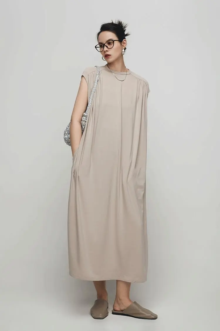 Oversized Padded Shoulder Acetate Sleeveless Shirt Dress - HBQMJX
