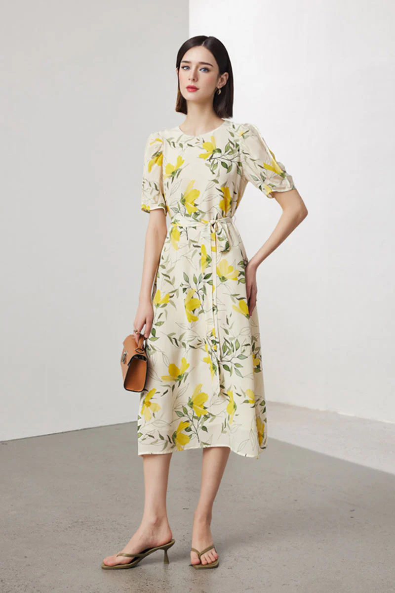 100 Mulberry Silk Floral Puff-Sleeve Belted Midi Dress - HBQMJX