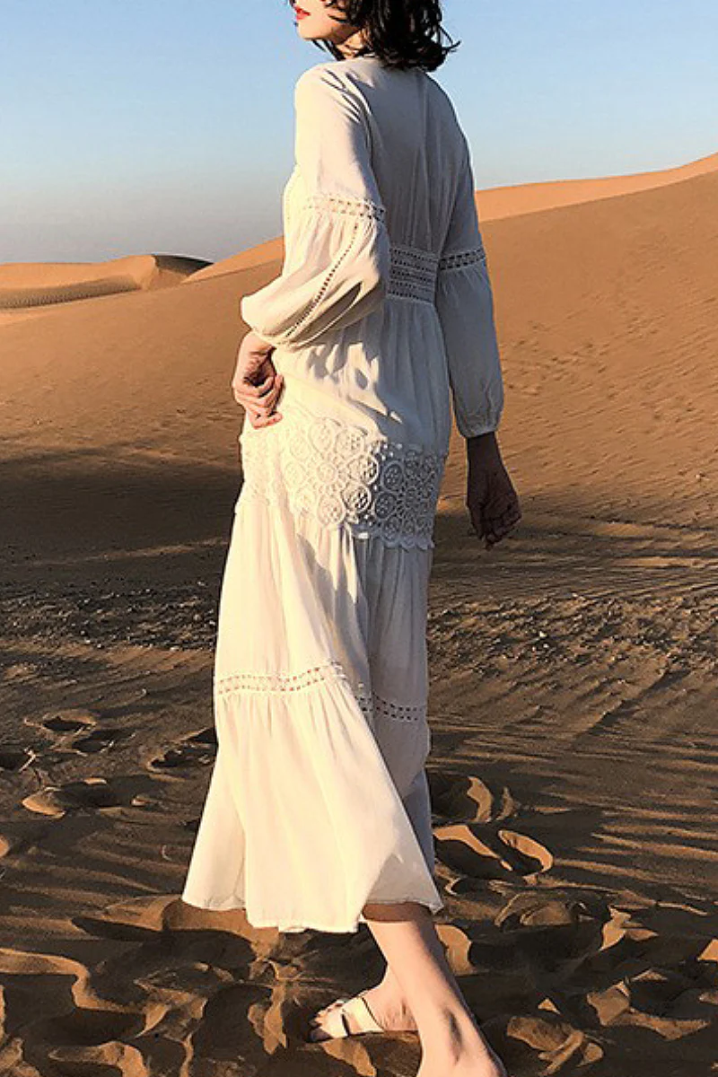 Tiered A-Line Long-Sleeve V-Neck Broderie Midi Dress with Front Buttons - HBQMJX