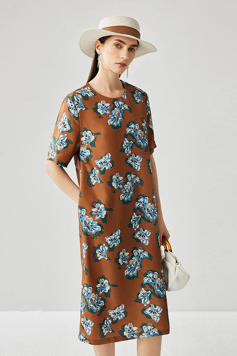 100% Silk Floral Midi Shift Dress with Pockets in Brown - HBQMJX