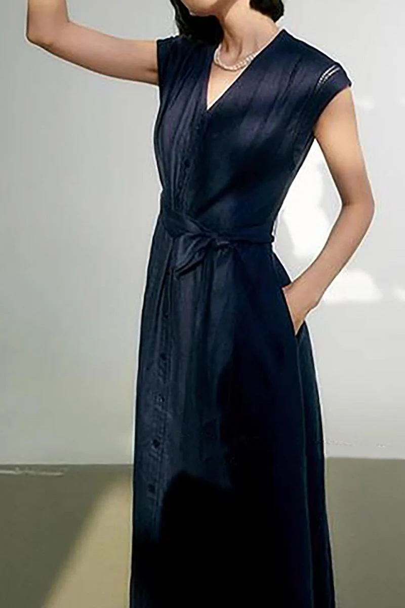 Navy Blue 100 Linen Cap-Sleeve Button-Front Belted Midi Dress - HBQMJX