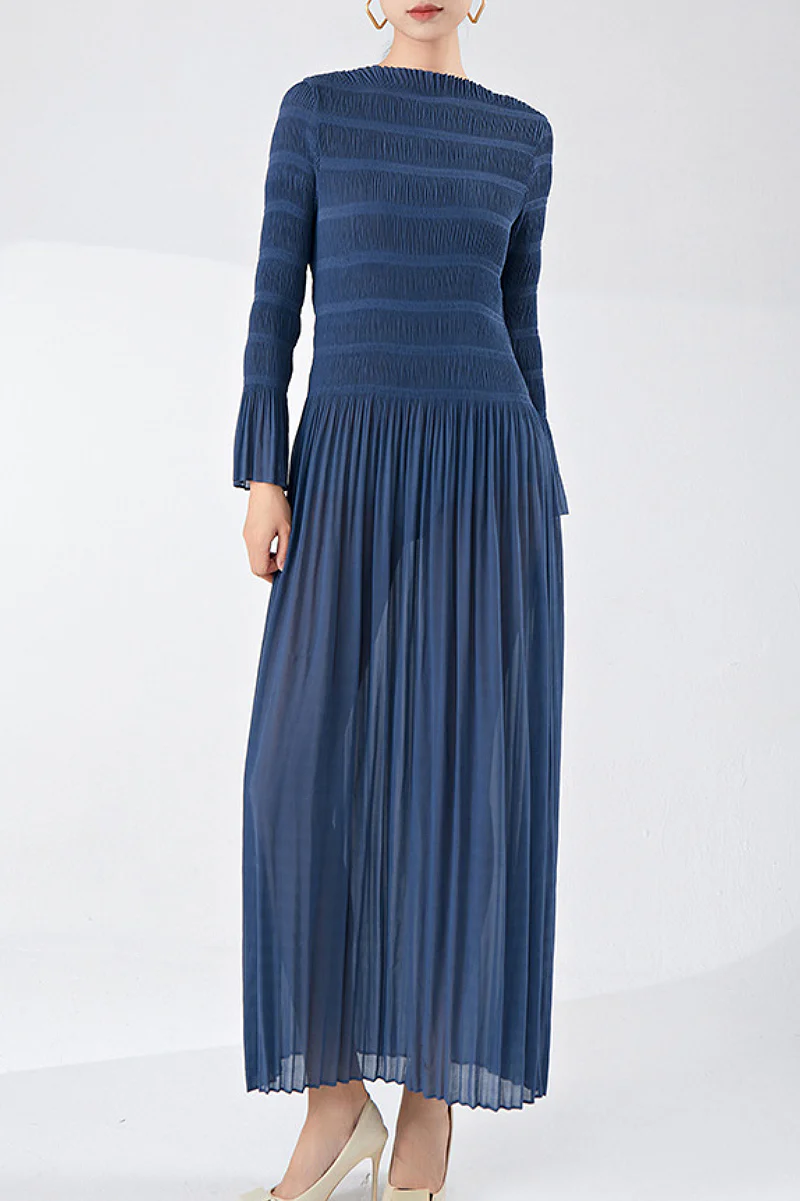 Designer Inspired Pleated Long Sleeve Smocked Maxi Dress in Slate Blue - HBQMJX