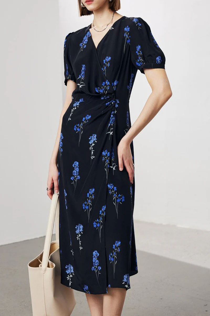 100 Mulberry Silk Floral Puff-Sleeve V-Neck Wrap Midi Dress - HBQMJX