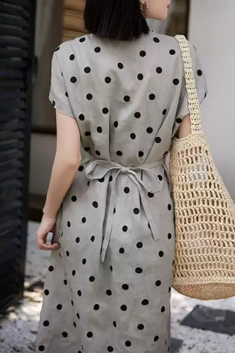 100% Ramie Polka Dot V-Neck Midi Dress - HBQMJX