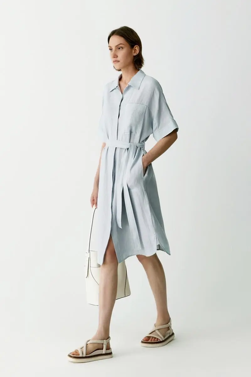 100% Linen Midi Shirt Dress With Belt - HBQMJX