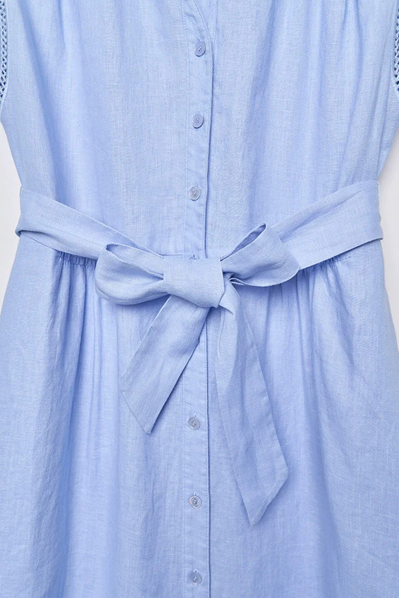 Baby Blue 100 Linen Cap-Sleeve Button-Front Belted Midi Dress - HBQMJX