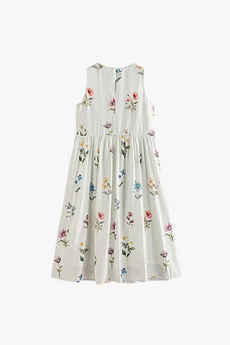 White Floral Linen Sleeveless Fit & Flare Midi Dress - HBQMJX