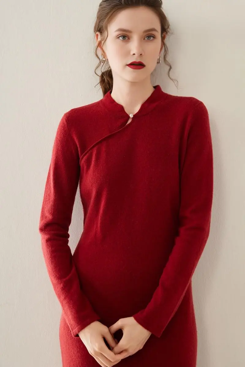 100 Cashmere Midi Sweater Dress with Mandarin-inspired Collar - HBQMJX
