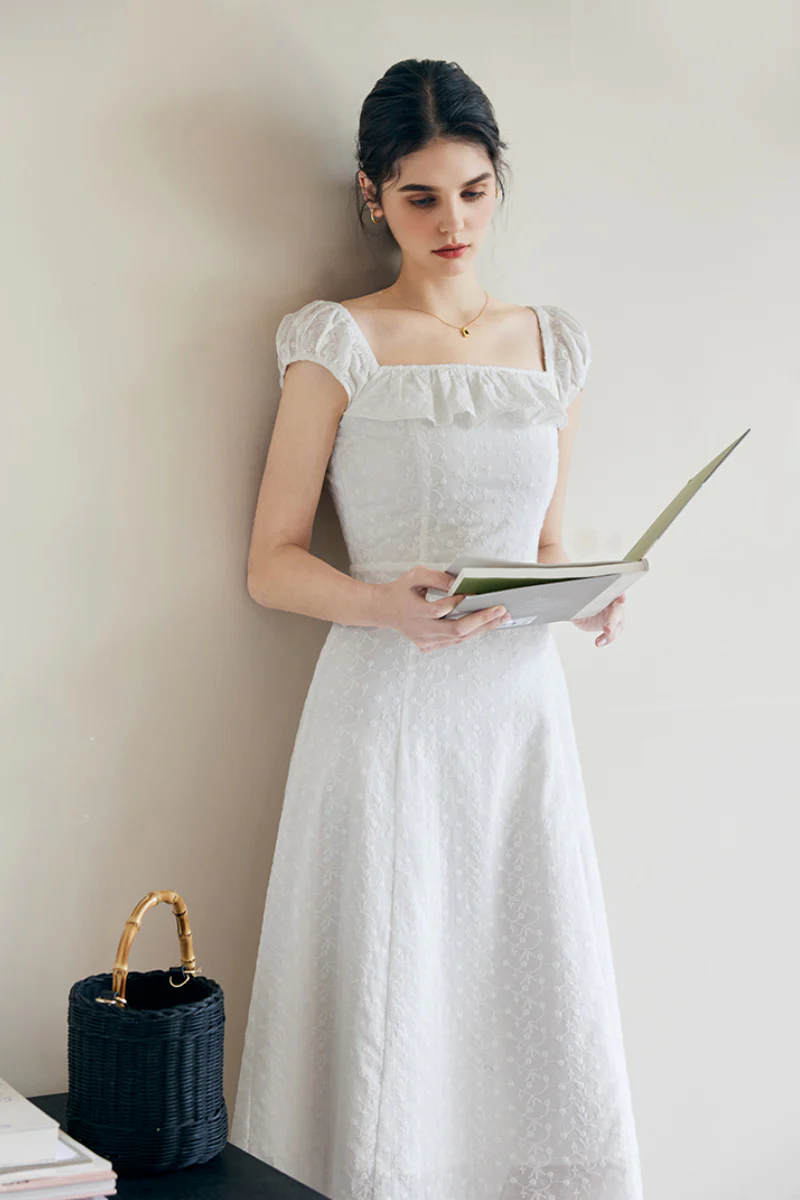White Cotton Embroidery Off-Shoulder Midi Dress - HBQMJX