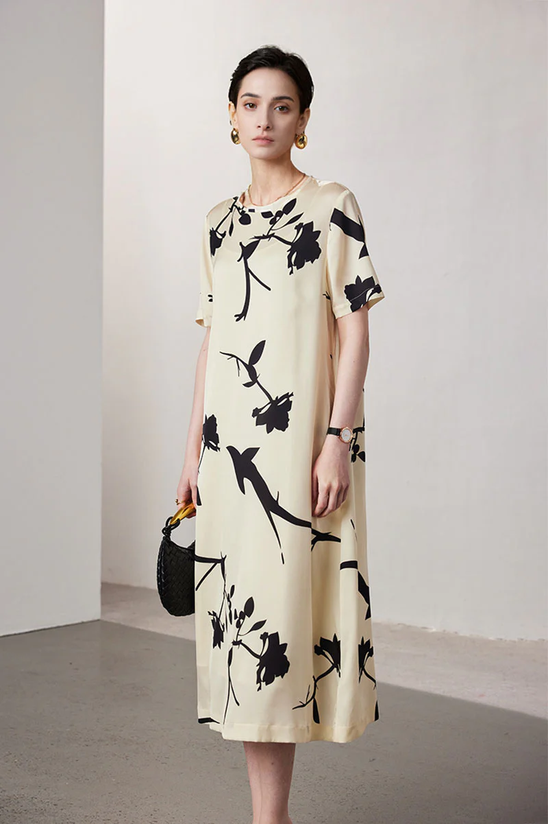 Stretch Silk Floral Short-Sleeve Crewneck Midi T-Shirt Dress - HBQMJX
