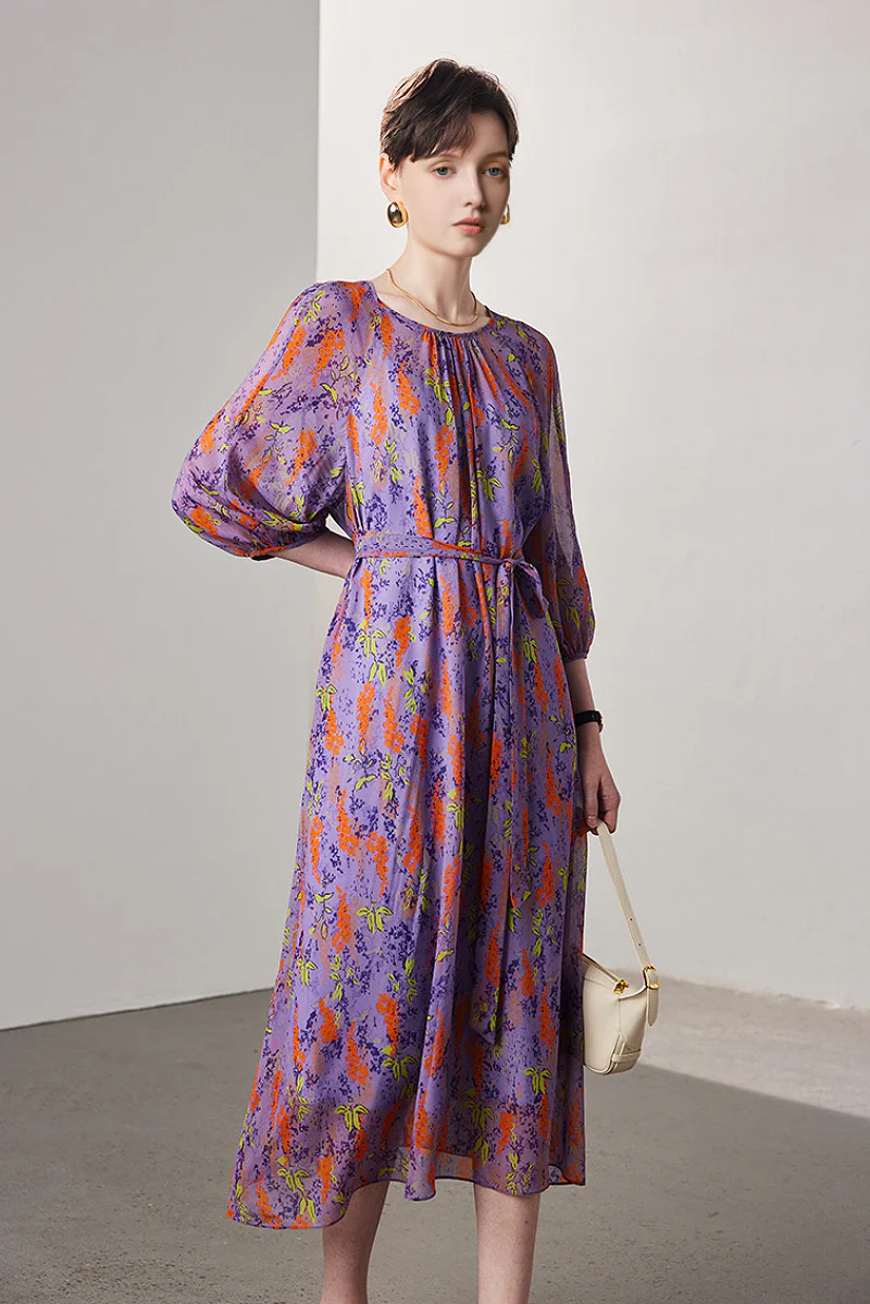 100 Mulberry Silk Floral Balloon-Sleeve Tie-Waist Midi Dress with Camisole Slip - HBQMJX