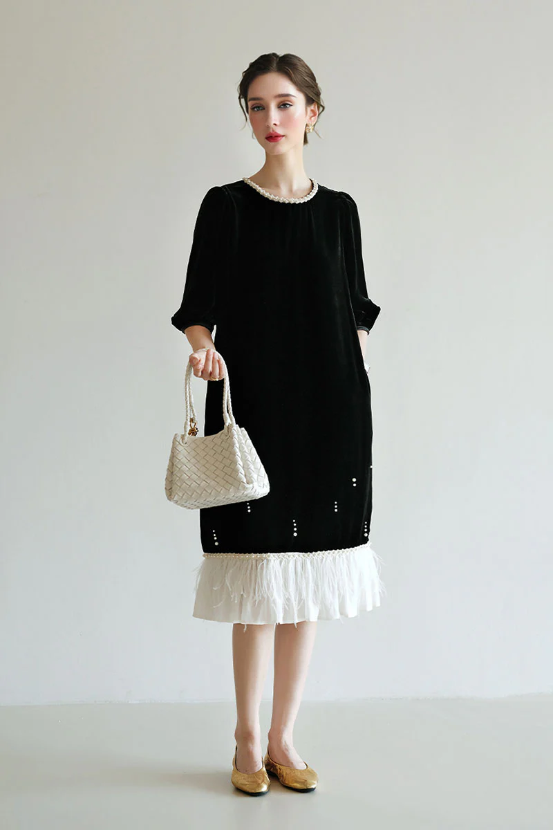 Ostrich-Feather Velvet Elbow-Sleeve Midi Dress with Pearl Trim - HBQMJX
