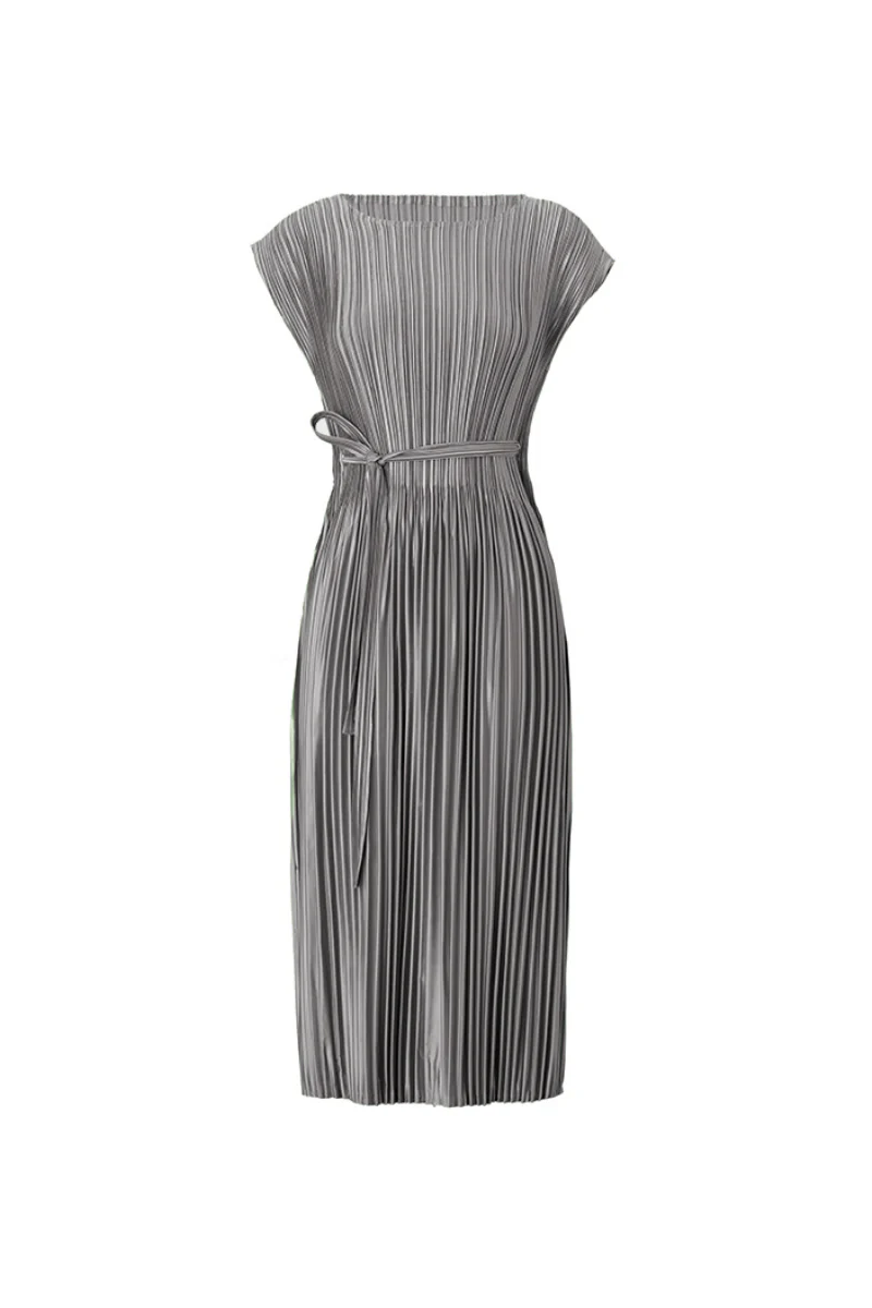 Designer Inspired Pleated Cap-Sleeve Dress with Belt - HBQMJX