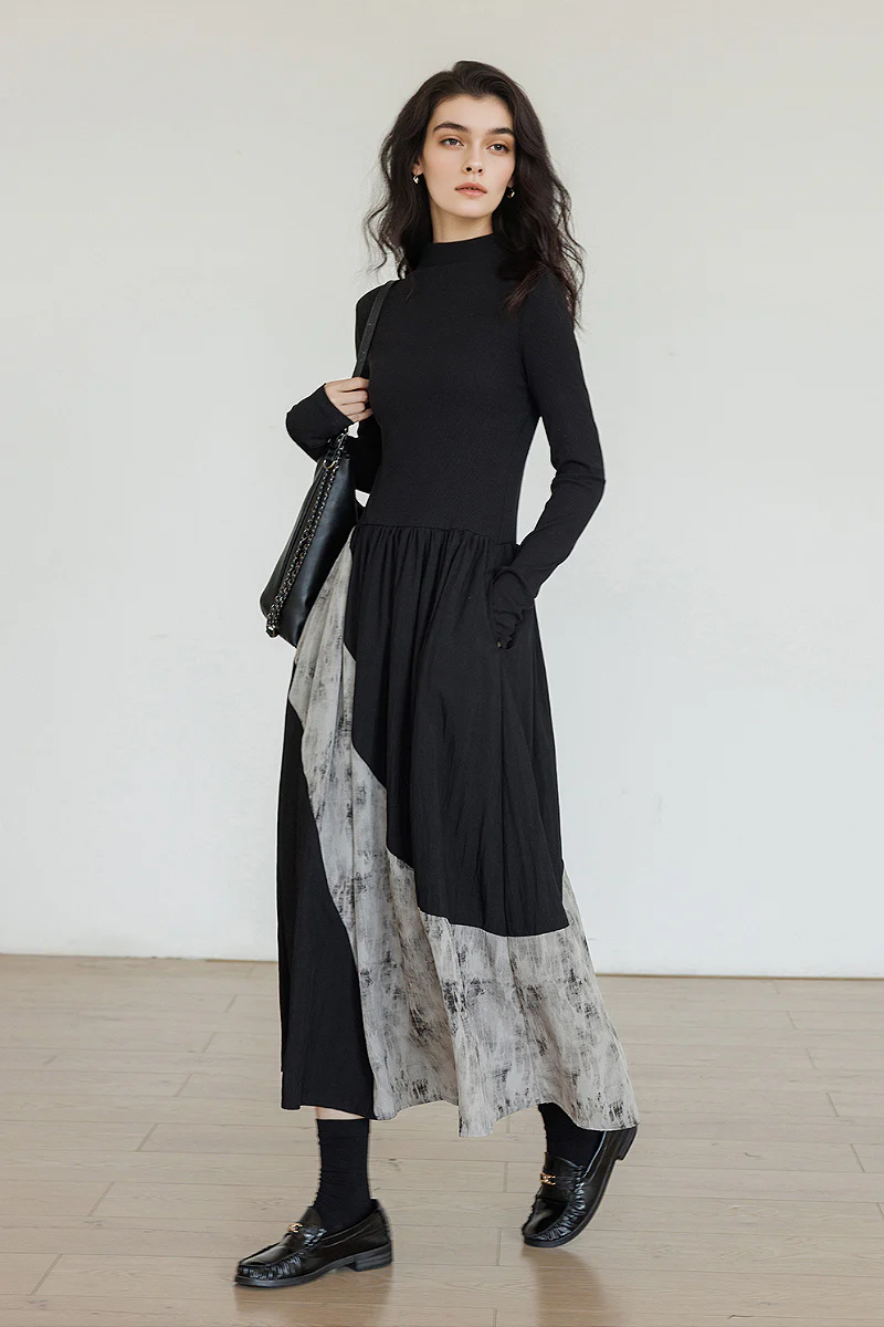 Fit & Flare Long-Sleeve Midi Dress with Lace Patchwork - HBQMJX