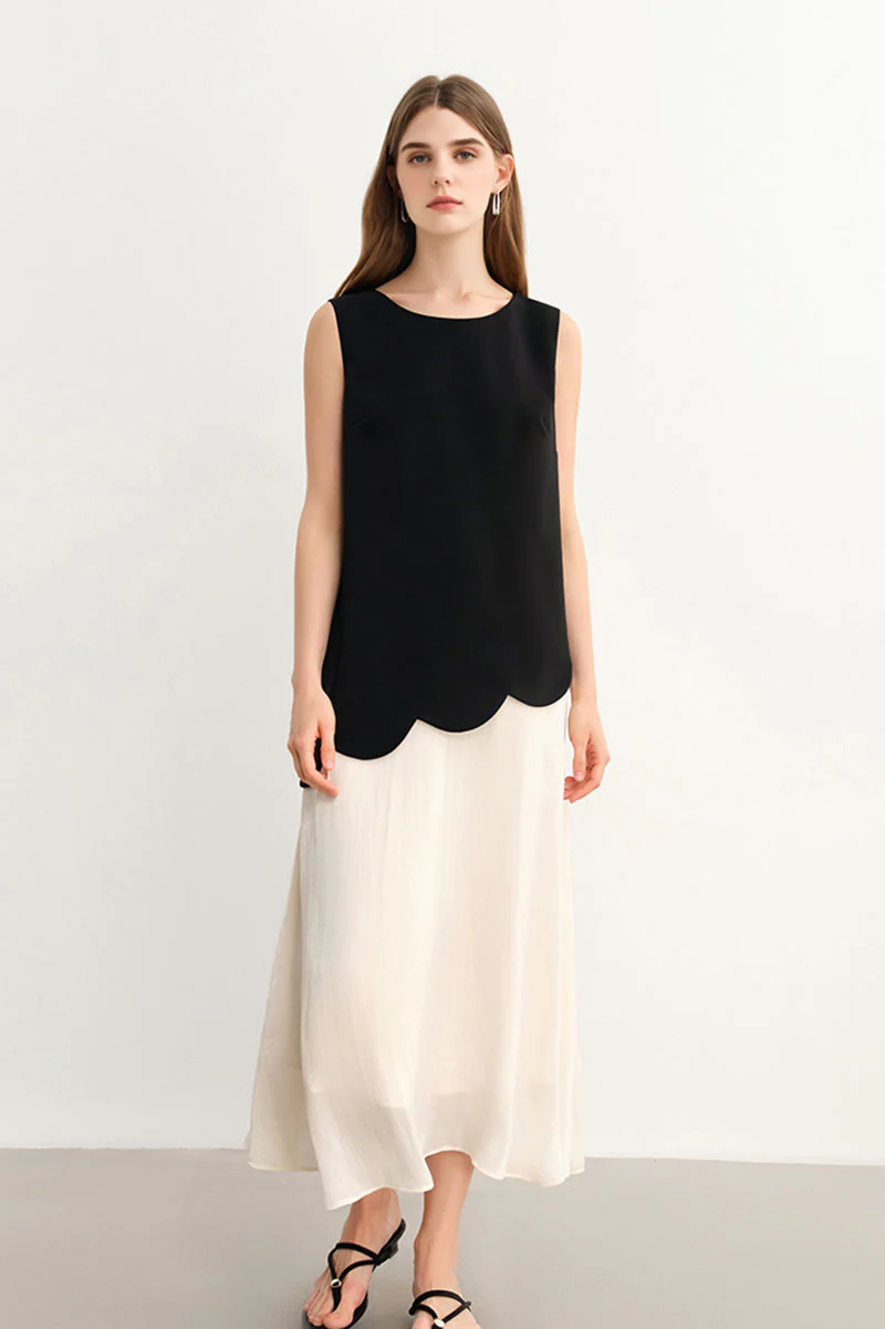 Black & White Sleeveless Mixed Media Midi Dress - HBQMJX