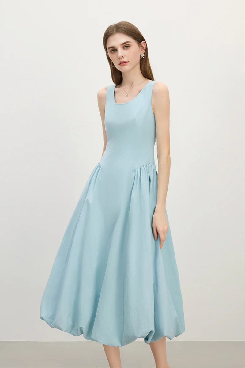 Baby Blue 100 Cotton Sleeveless Scoop-Neck Bubble Midi Dress - HBQMJX