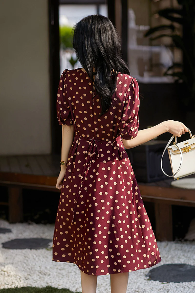 100 Mulberry Silk Red Polka-Dot Midi Tea Dress - HBQMJX
