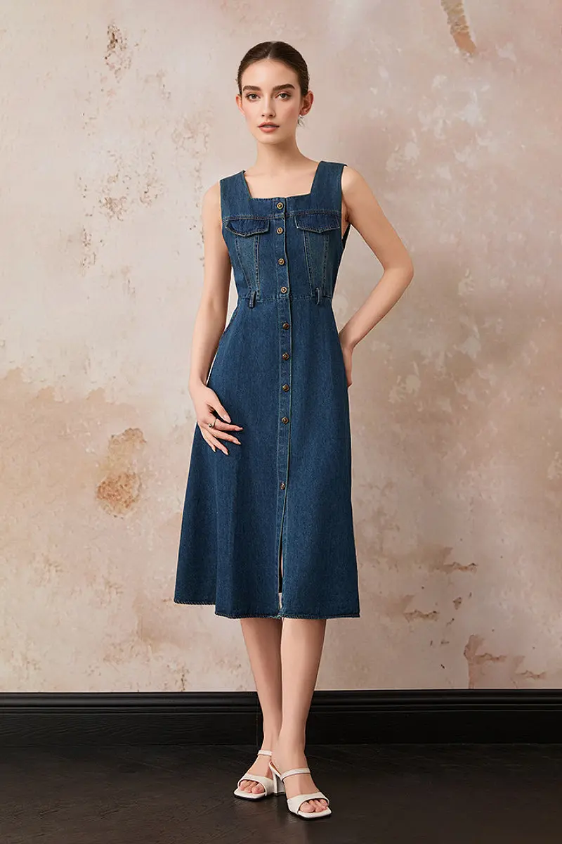 Denim Sleeveless A-Line Midi Shirt Dress - JIEEQQ