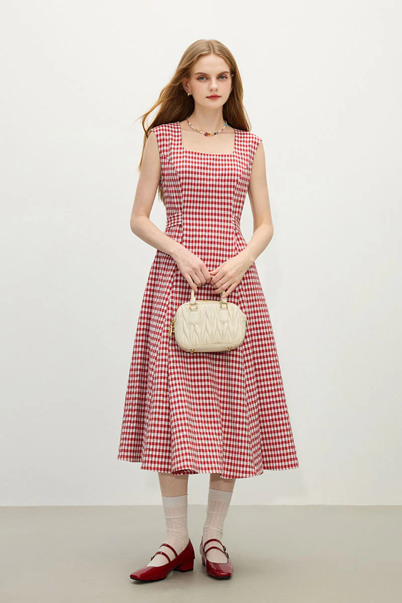 Red Gingham A-Line Midi Dress with Back Tie - HBQMJX